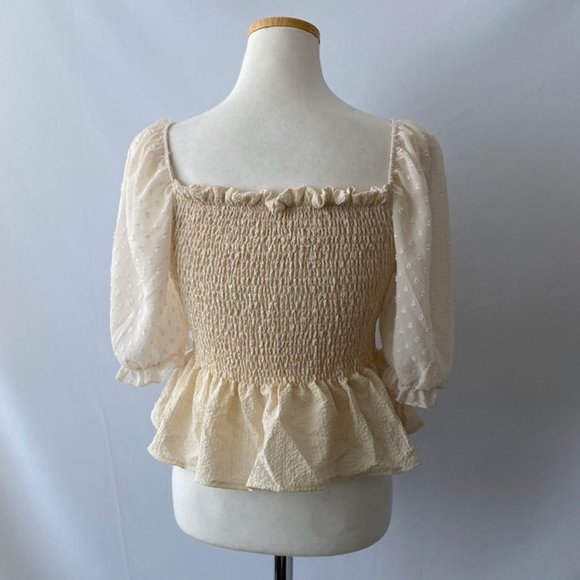 White Chiffon Dobby Mesh Short Sleeves Smocked Blouse - Picture 8 of 9